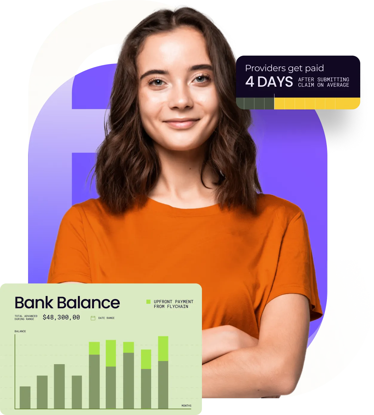 A girl smiling with crossed arms surrounded with ui graphics