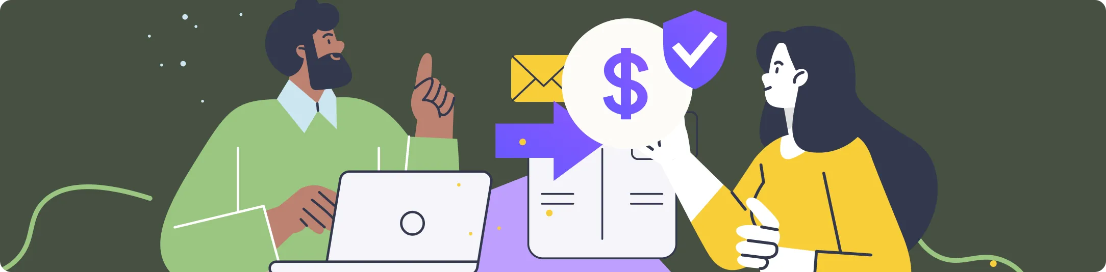 Illustration graphic of man and woman doing a transaction